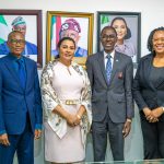 The Management of the NDIC led by the MD/CE NDIC, Mr. Bello Hassan (3rd from left) on a working visit to the Honourable Minister of State Finance, Dr. Doris Uzoka-Anite (2nd from Left) at the Federal Ministry of Finance Abuja along with the NDIC Executive Director, Operations, Mustapha Ibrahim (1st Left) and the NDIC Executive Director, Corporate Services, Mrs Emily Osuji (1st Right).