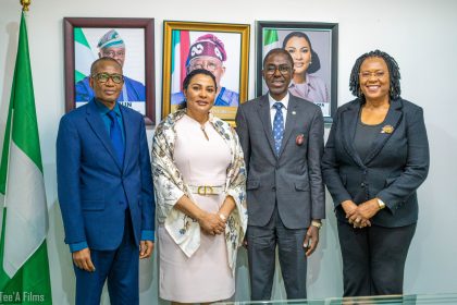 The Management of the NDIC led by the MD/CE NDIC, Mr. Bello Hassan (3rd from left) on a working visit to the Honourable Minister of State Finance, Dr. Doris Uzoka-Anite (2nd from Left) at the Federal Ministry of Finance Abuja along with the NDIC Executive Director, Operations, Mustapha Ibrahim (1st Left) and the NDIC Executive Director, Corporate Services, Mrs Emily Osuji (1st Right).