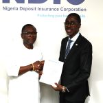 MD/CEO, Nigeria Deposit Insurance Corporation (NDIC), Bello Hassan receiving the formal Letter of Nomination of the Corporation as Daily Independent Regulatory Agency of the Year 2024 Award from the Managing Director/Editor-in-Chief, Daily Independent, Omanufeme Steve at the NDIC Head Office, Abuja.