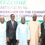 Chairman, House Committee on Insurance and Actuarial Matters, Hon Ahmadu Usman Jaha (middle) and MD/CE Nigeria Deposit Insurance Corporation, Mr Bello Hassan (2nd Left) pose for a photo with Hon Rasheed Abdullahi (1st Left) Hon. James Barka and NDIC Executive Director, Operations Mustapha M. Ibrahim (2nd and 1st Right) at the 2025 Stakeholders Workshop of the House Committee