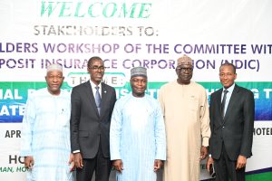 Chairman, House Committee on Insurance and Actuarial Matters, Hon Ahmadu Usman Jaha (middle) and  MD/CE Nigeria Deposit Insurance Corporation, Mr Bello Hassan (2nd Left) pose for a photo with Hon Rasheed Abdullahi (1st Left) Hon. James Barka and NDIC Executive Director, Operations Mustapha M. Ibrahim (2nd and 1st Right) at the 2025 Stakeholders Workshop of the House Committee