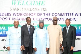 Chairman, House Committee on Insurance and Actuarial Matters, Hon Ahmadu Usman Jaha (middle) and MD/CE Nigeria Deposit Insurance Corporation, Mr Bello Hassan (2nd Left) pose for a photo with Hon Rasheed Abdullahi (1st Left) Hon. James Barka and NDIC Executive Director, Operations Mustapha M. Ibrahim (2nd and 1st Right) at the 2025 Stakeholders Workshop of the House Committee