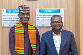 L-R: Executive Vice Chairman/ Chief Executive Officer, Nigerian Communications Commission (NCC), Dr. Aminu Maida and Ag. Director General, National Communications Authority (NCA), Ghana, Edmund Fianko, during a benchmarking visit of the NCC to the NCA in Ghana recently.