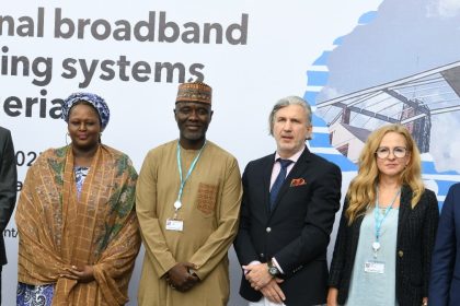 L-R: Project Manager, Africa-BroadBand (BB) Maps, International Telecommunication Union (ITU), Dana Jon Kamason; Executive Commissioner, Stakeholder Management, Nigerian Communications Commission (NCC), Rimini Makama; Executive Vice Chairman/Chief Executive Officer, NCC, NCC; Dr. Aminu Maida; Deputy Ambassador, European Union (EU) Delegation to Nigeria, Zissmos Vergas; Head, Green and Digital Economy, EU Delegation to Nigeria, Inga Stefanowicz; and Project Officer, Africa-BB-Maps, ITU, Elind Sulmina, during a three-day National Broadband Mapping System held in Abuja
