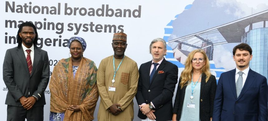 L-R: Project Manager, Africa-BroadBand (BB) Maps, International Telecommunication Union (ITU), Dana Jon Kamason; Executive Commissioner, Stakeholder Management, Nigerian Communications Commission (NCC), Rimini Makama; Executive Vice Chairman/Chief Executive Officer, NCC, NCC; Dr. Aminu Maida; Deputy Ambassador, European Union (EU) Delegation to Nigeria, Zissmos Vergas; Head, Green and Digital Economy, EU Delegation to Nigeria, Inga Stefanowicz; and Project Officer, Africa-BB-Maps, ITU, Elind Sulmina, during a three-day National Broadband Mapping System held in Abuja