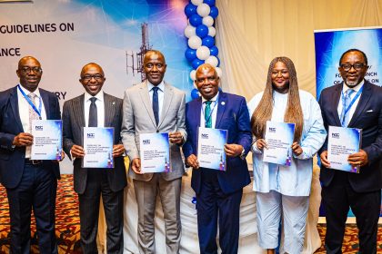L–R: Secretary, Nigerian Communications Commission (NCC), Gwa Mohammed; Chief Executive Officer, Ministry of Finance Incorporated, Dr. Armstrong Takang; Executive Vice Chairman/Chief Executive Officer, NCC, Dr. Aminu Maida; Coordinating Director, Financial Reporting Council of Nigeria, Mr. Titus Osawe; Executive Commissioner, Stakeholder Management, NCC, Rimini Makama; Professor of Corporate Governance, Lagos Business School, Fabian Ajogwu, SAN, during the workshop/formal launch of Guidelines on Corporate Governance For Nigerian Telecommunications Industry hosted by the Commission in Lagos recently.